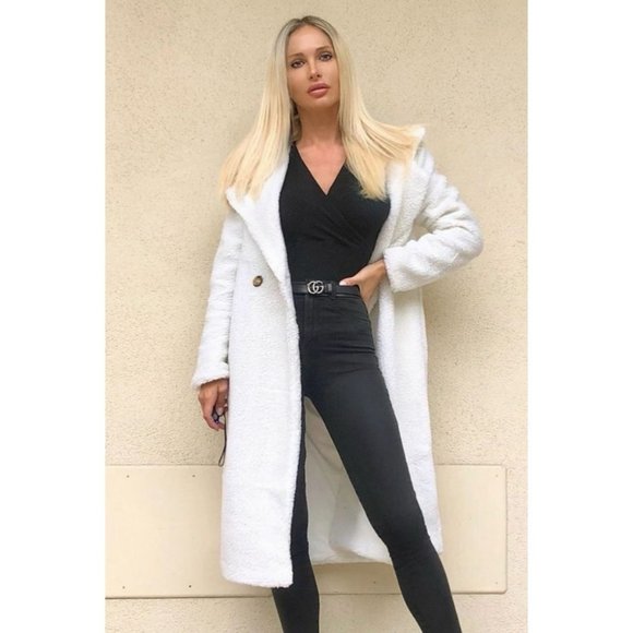 White Long Sleeve Double Breasted Loose Fit Long Maxi Teddy Bear Fur Coat - Picture 11 of 16